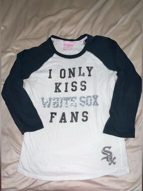 Victoria's Secret White and Black Raglan Tee - 'I Only Kiss White Sox Fans'